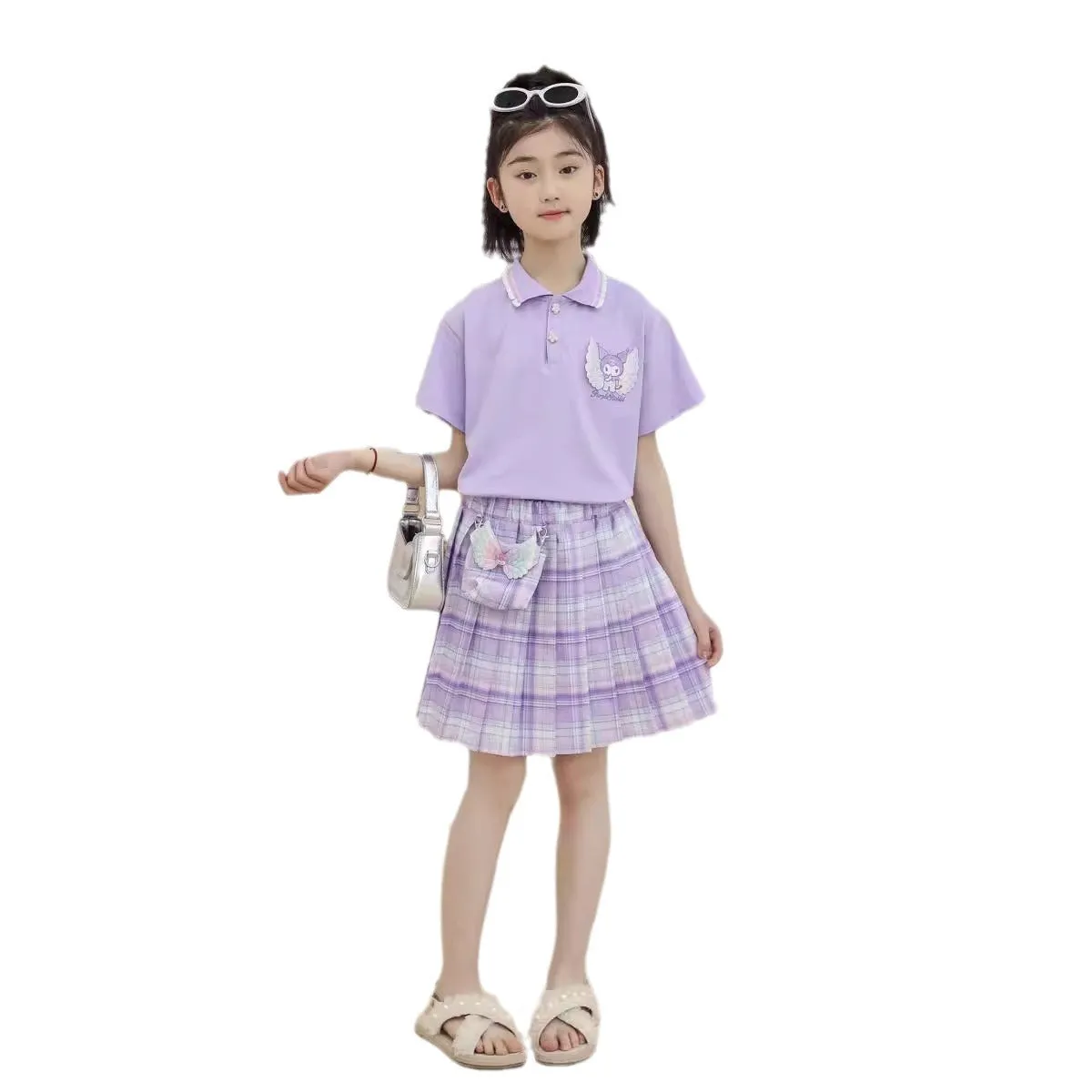 مجموعة اروين arwen&ajh group 2024 Summer Children's Short-sleeved Skirt Set For Girls Middle And Big Children's Kulomi Polo Lapel Top Plaid Skirt