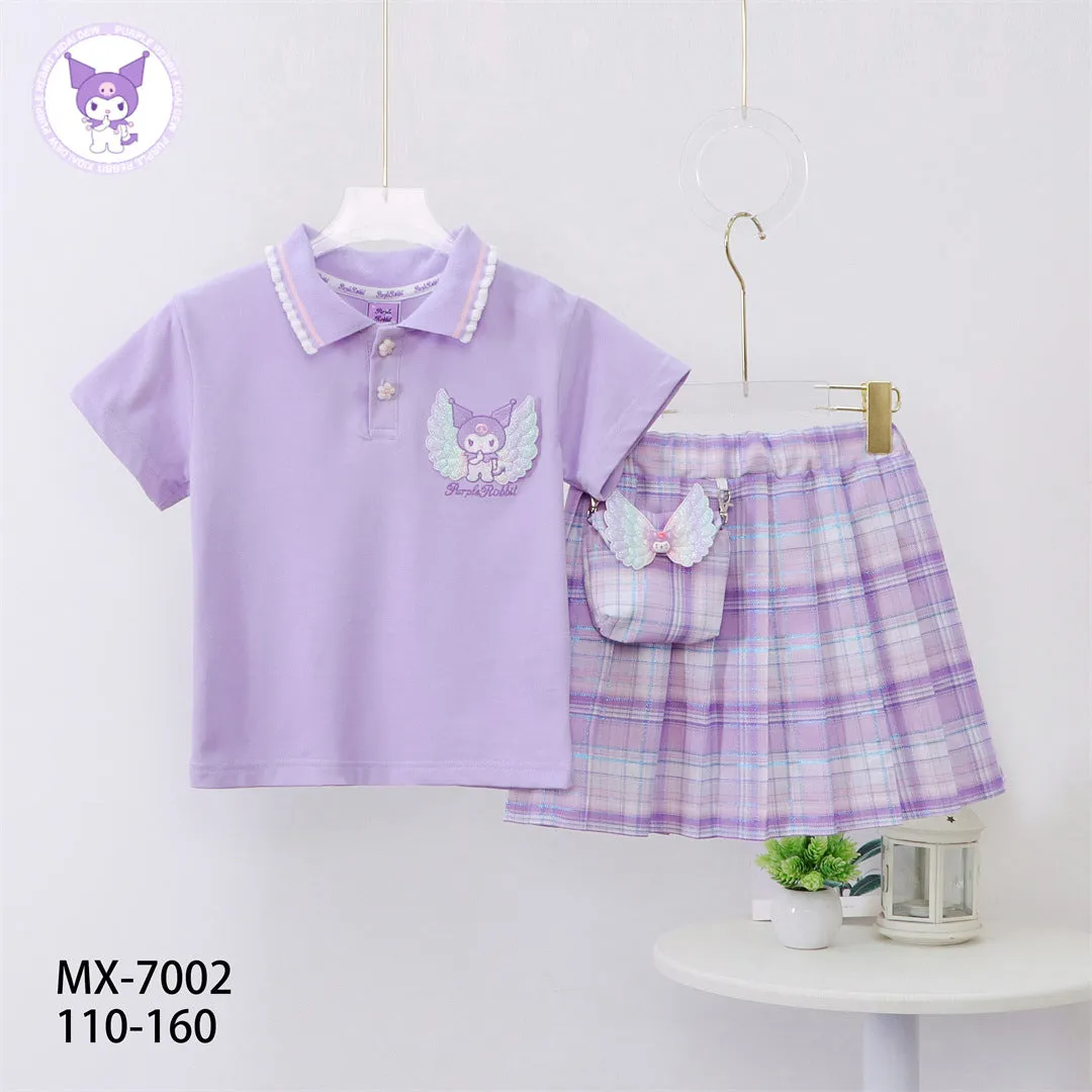 مجموعة اروين arwen&ajh group 2024 Summer Children's Short-sleeved Skirt Set For Girls Middle And Big Children's Kulomi Polo Lapel Top Plaid Skirt