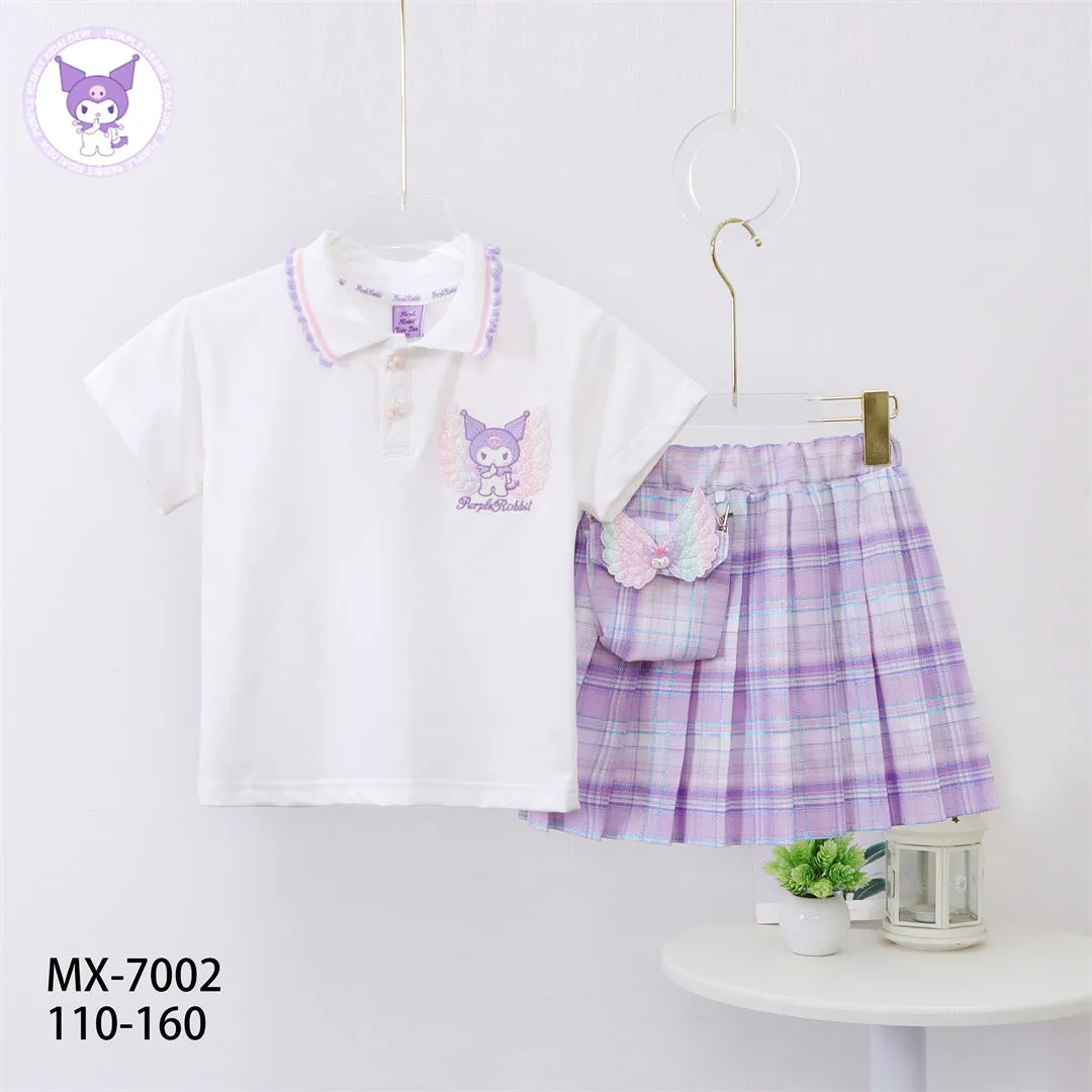 مجموعة اروين arwen&ajh group 2024 Summer Children's Short-sleeved Skirt Set For Girls Middle And Big Children's Kulomi Polo Lapel Top Plaid Skirt