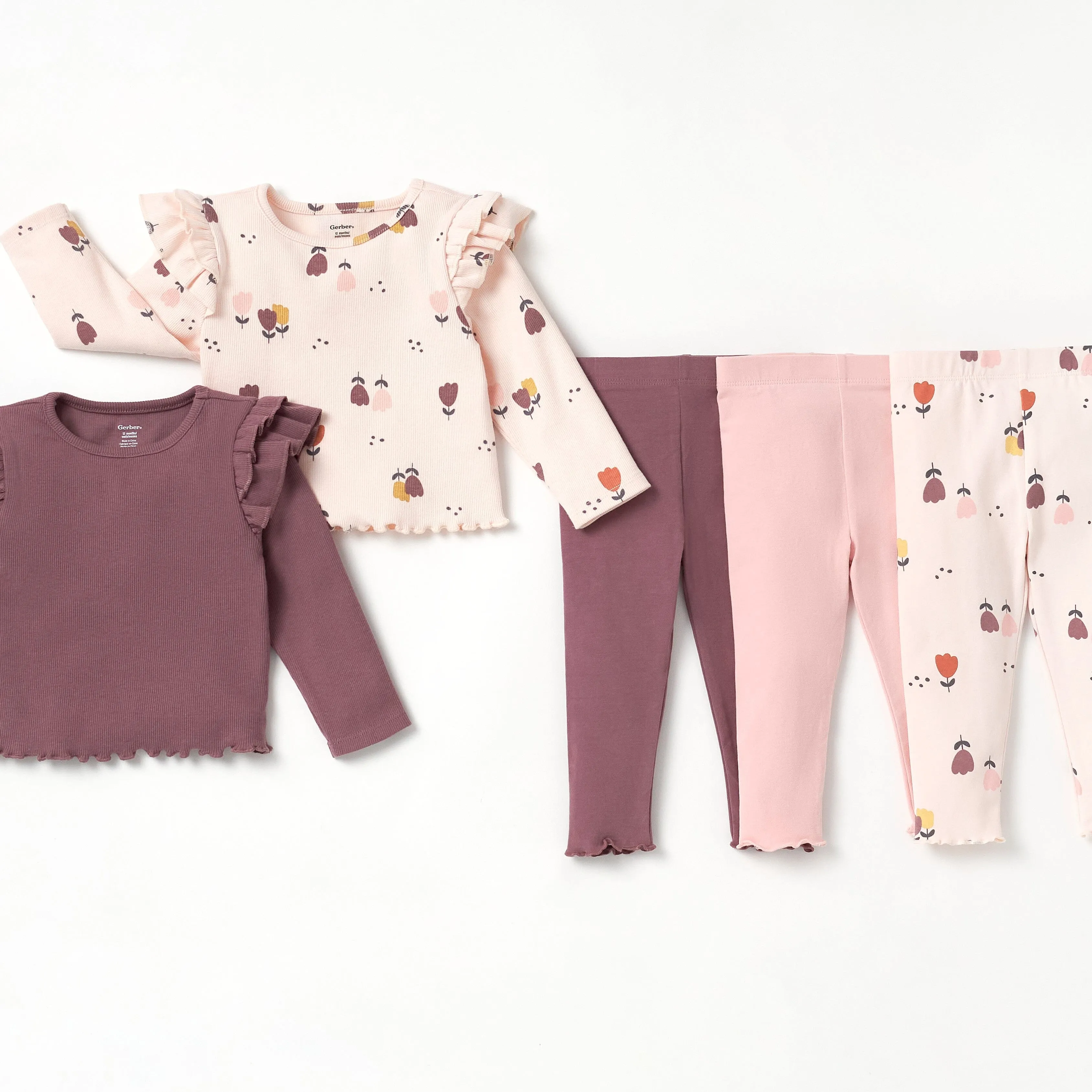 2-Pack Infant & Toddler Girls Burgundy Floral Double Ruffle Tops