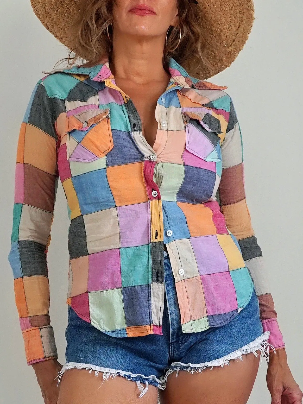 70's Madras Pastel Patchwork Shirt