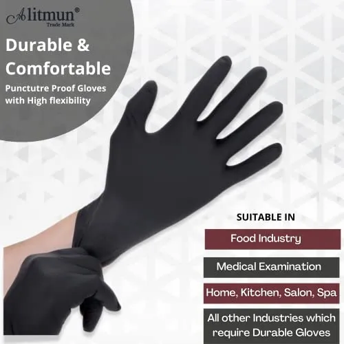 ALITMUN Black Nitrile Gloves, Disposable Powder Free Examination Hand gloves, Multi Purpose with Superior Durability, Surgical & General Gloves (Medium, Pack of 100 (Black))