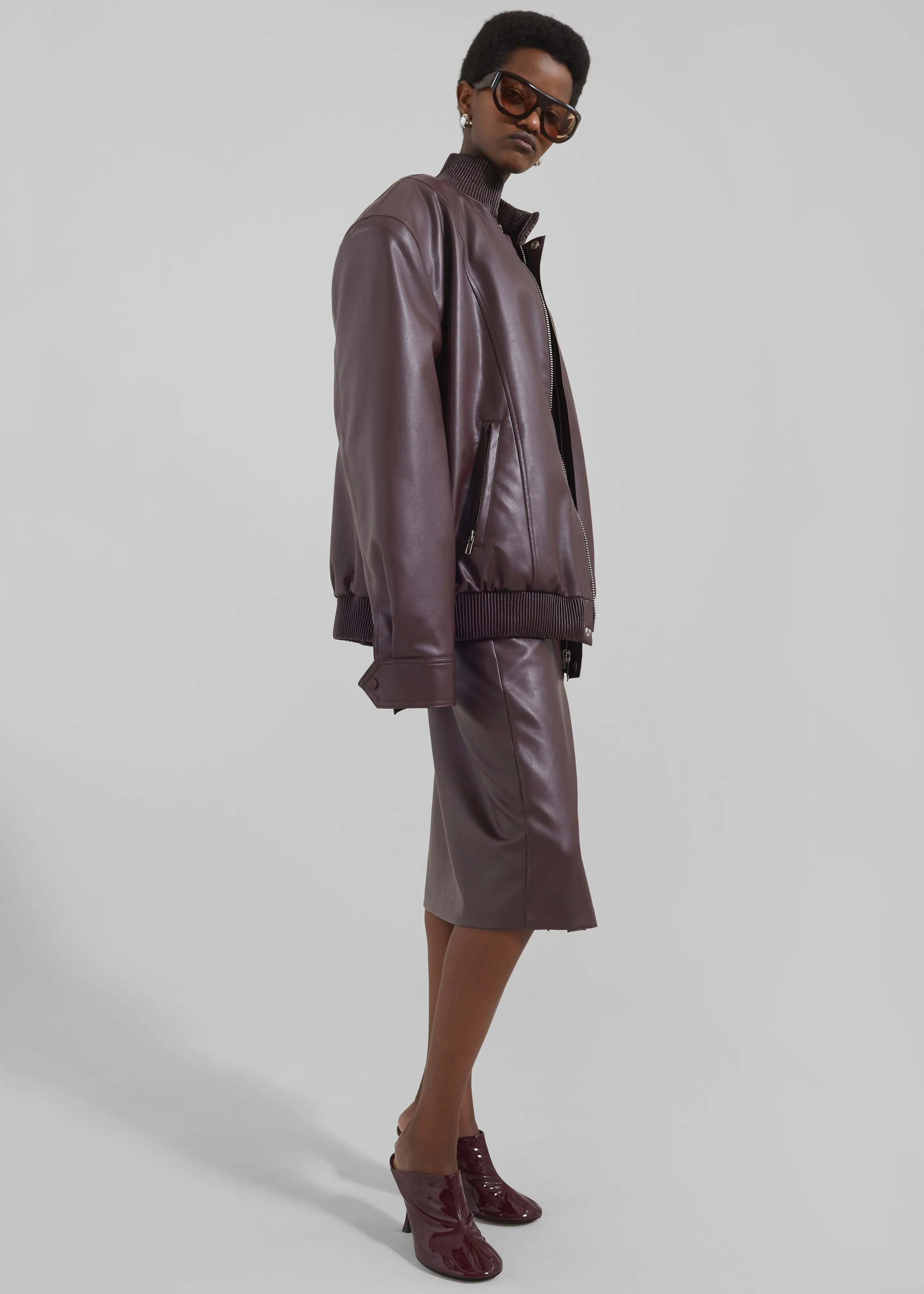 Arley Oversized Faux Leather Bomber - Burgundy