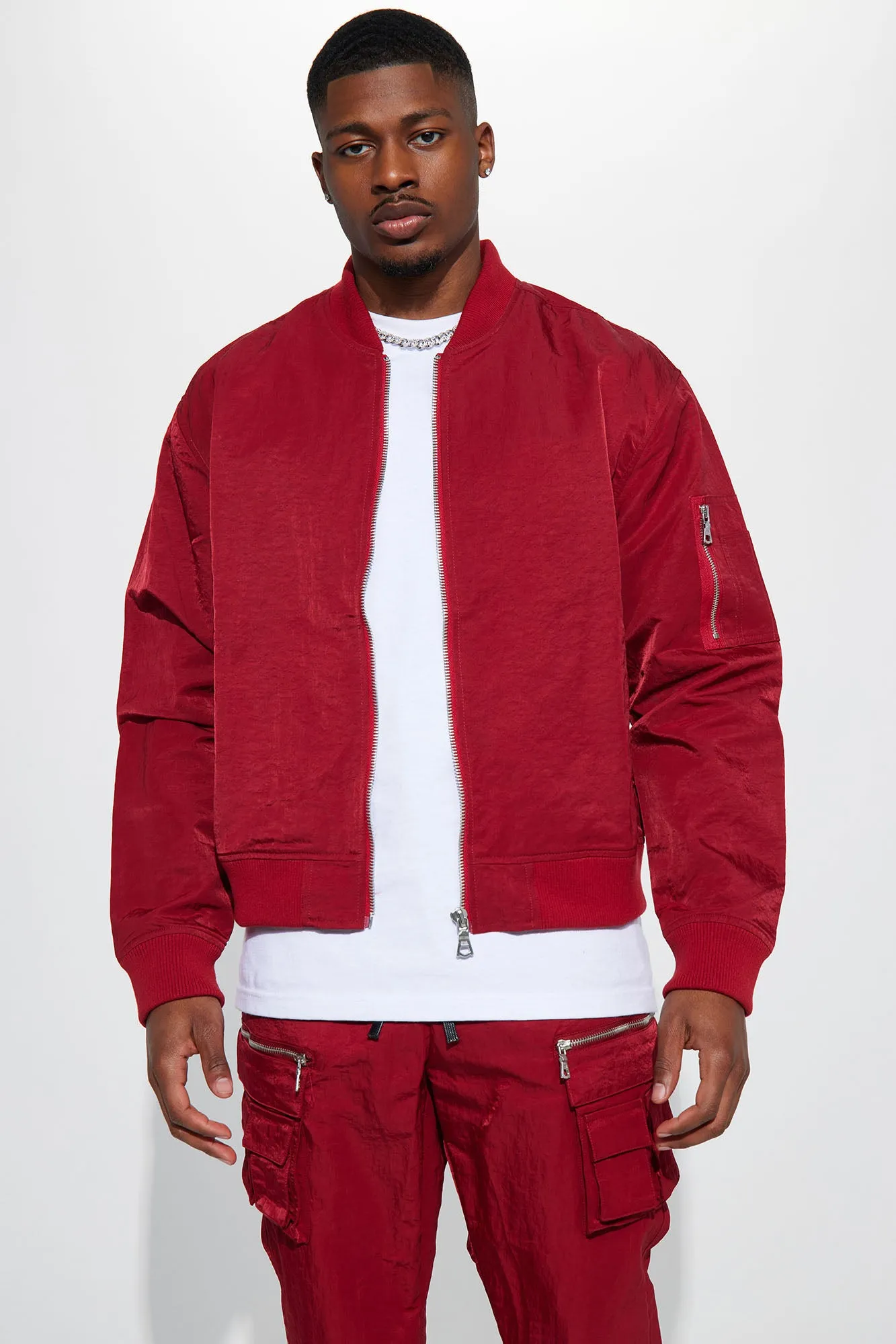 As It Was Nylon Military Bomber Jacket - Burgundy