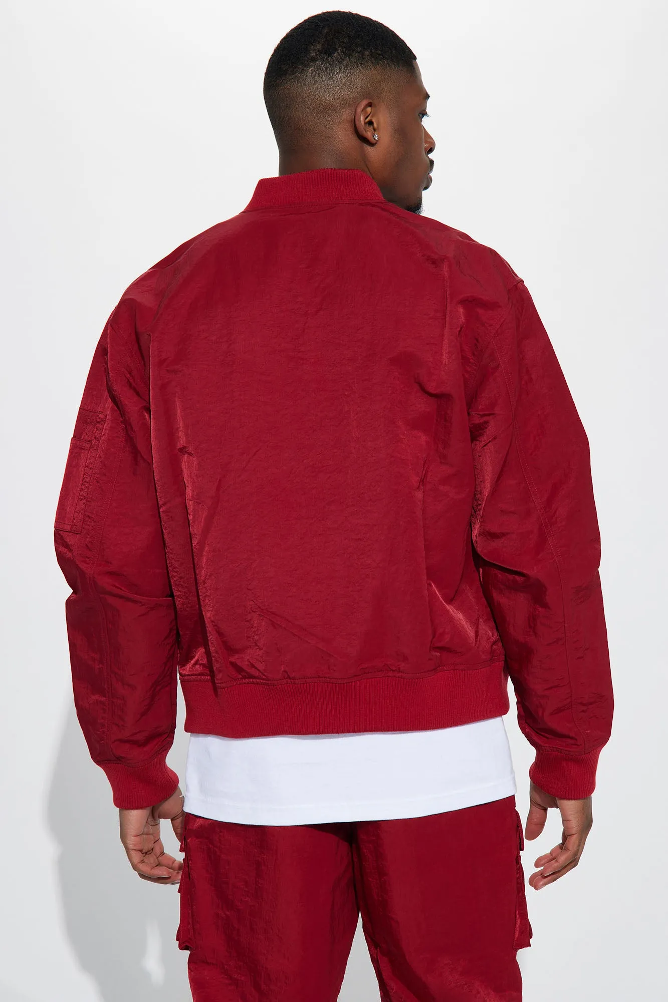 As It Was Nylon Military Bomber Jacket - Burgundy