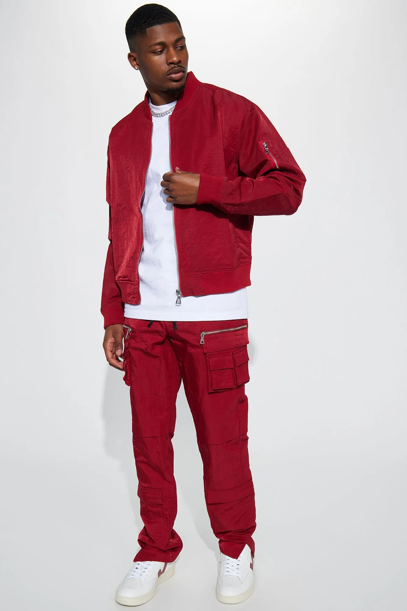 As It Was Nylon Military Bomber Jacket - Burgundy