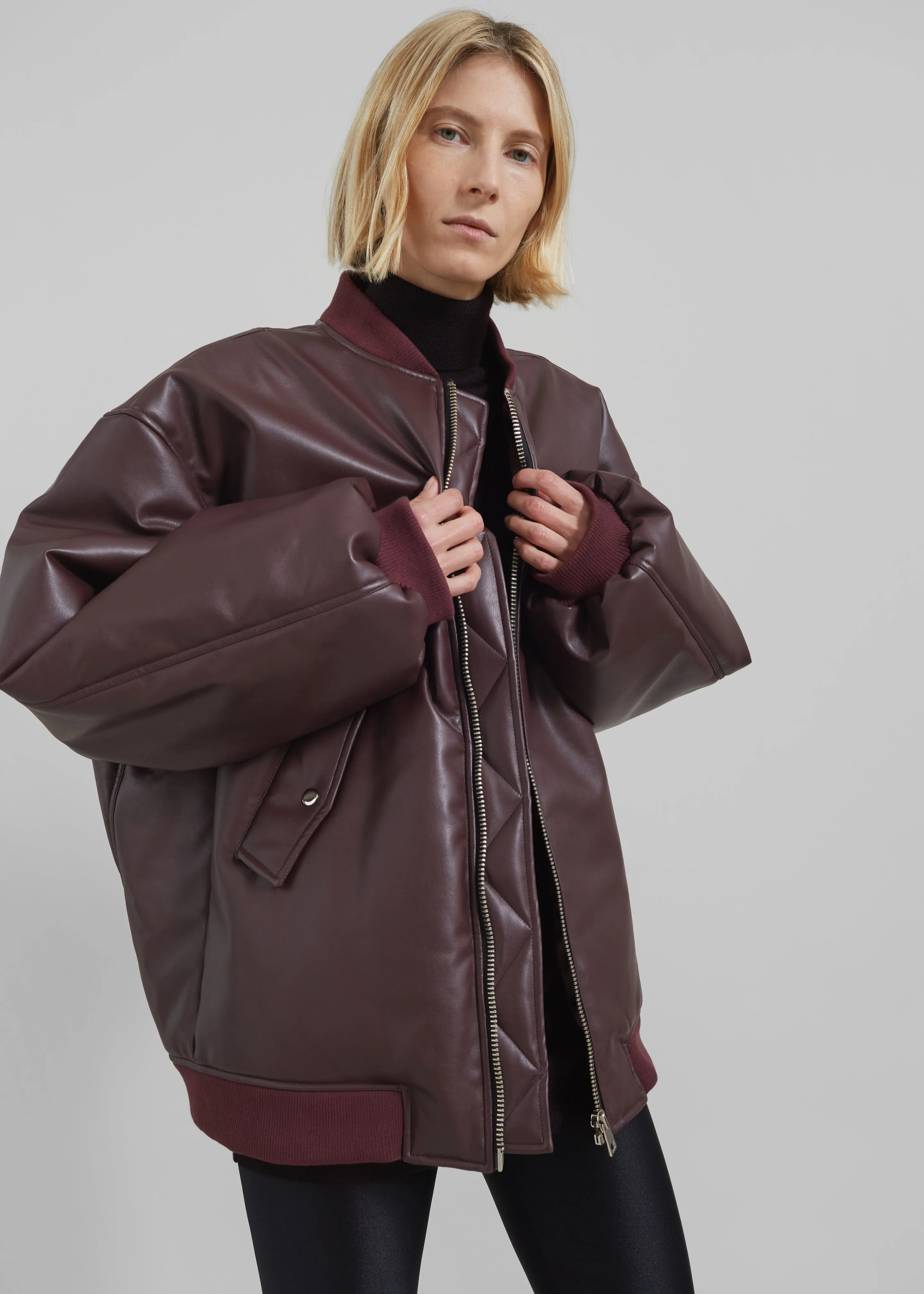 Astra Faux Leather Bomber Jacket - Burgundy