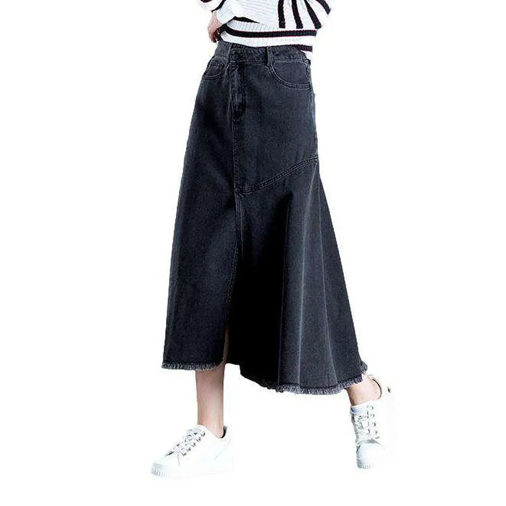 Asymmetric flare long denim skirt