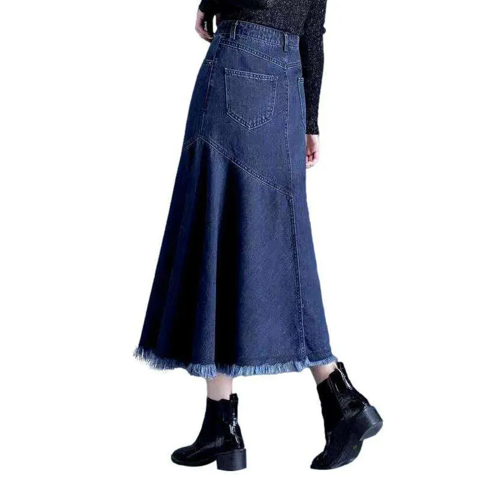 Asymmetric flare long denim skirt