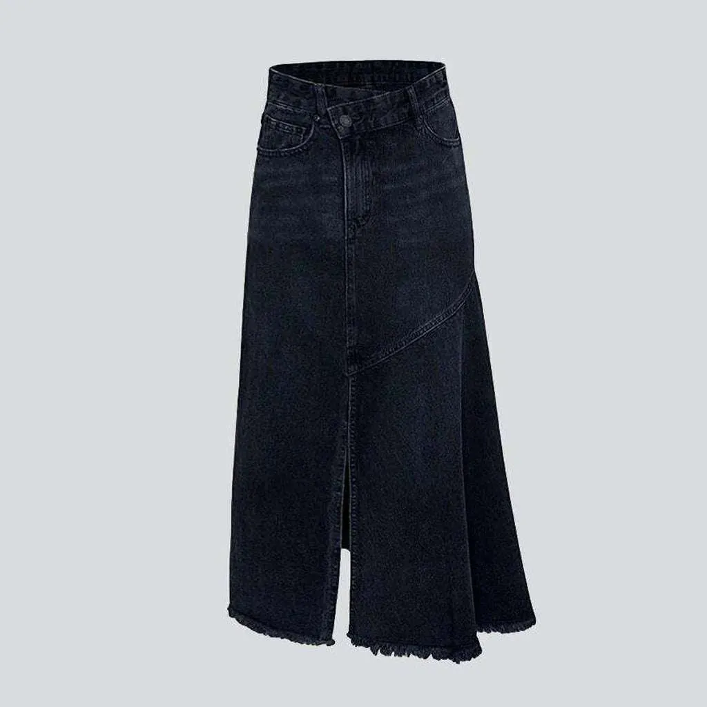 Asymmetric flare long denim skirt