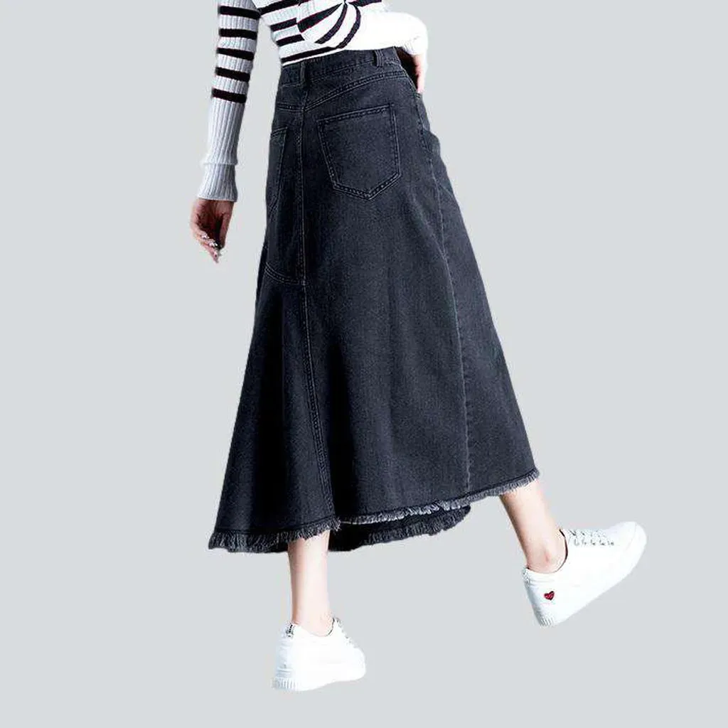 Asymmetric flare long denim skirt