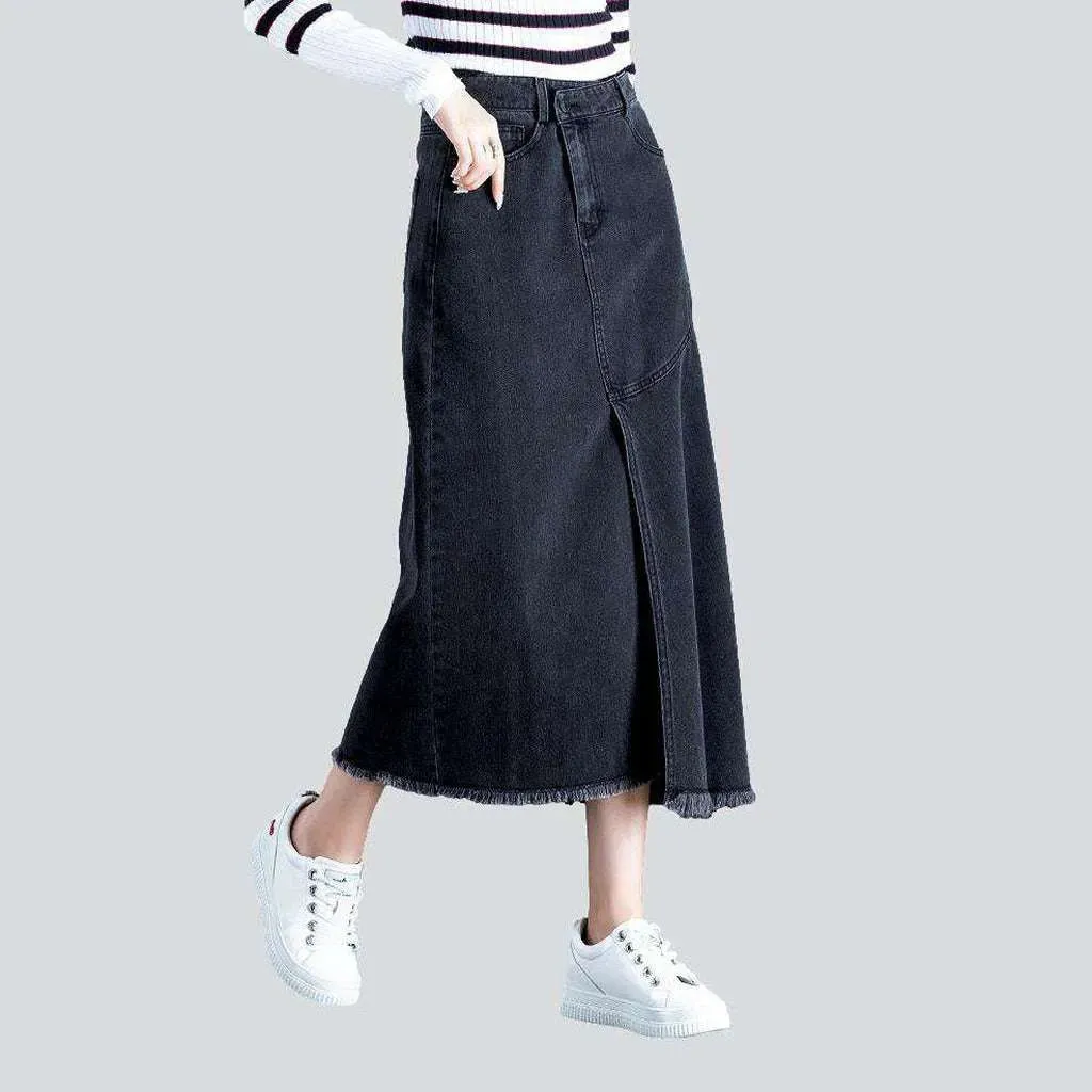 Asymmetric flare long denim skirt