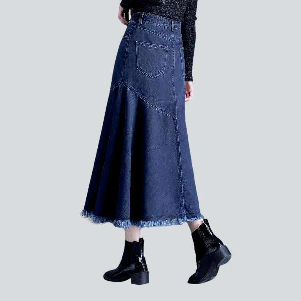 Asymmetric flare long denim skirt