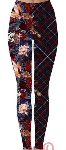 Asymmetrical Floral Plaid Print Soft Leggings