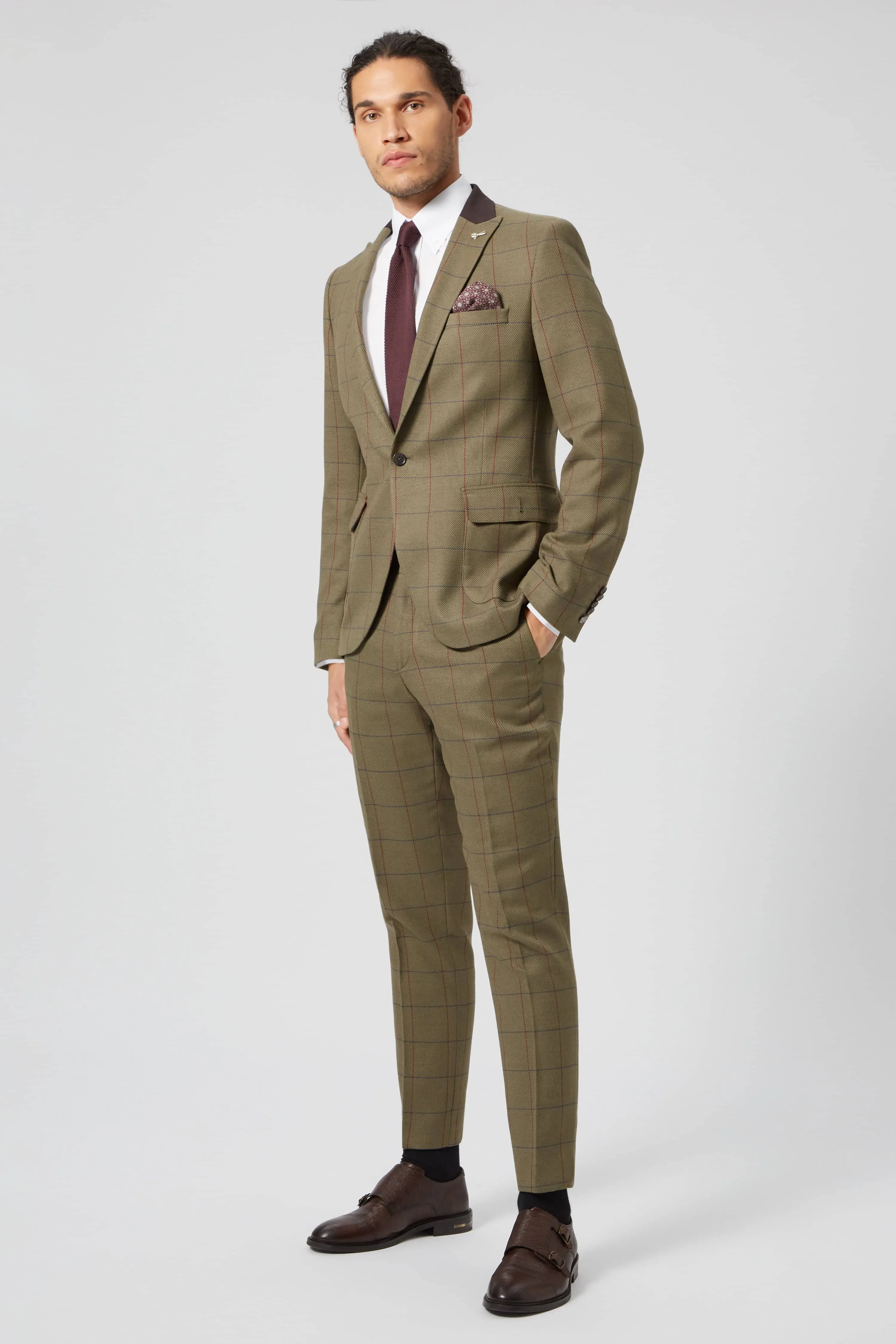 Beadon Slim Fit Khaki Check Tweed Suit - ARCHIVE