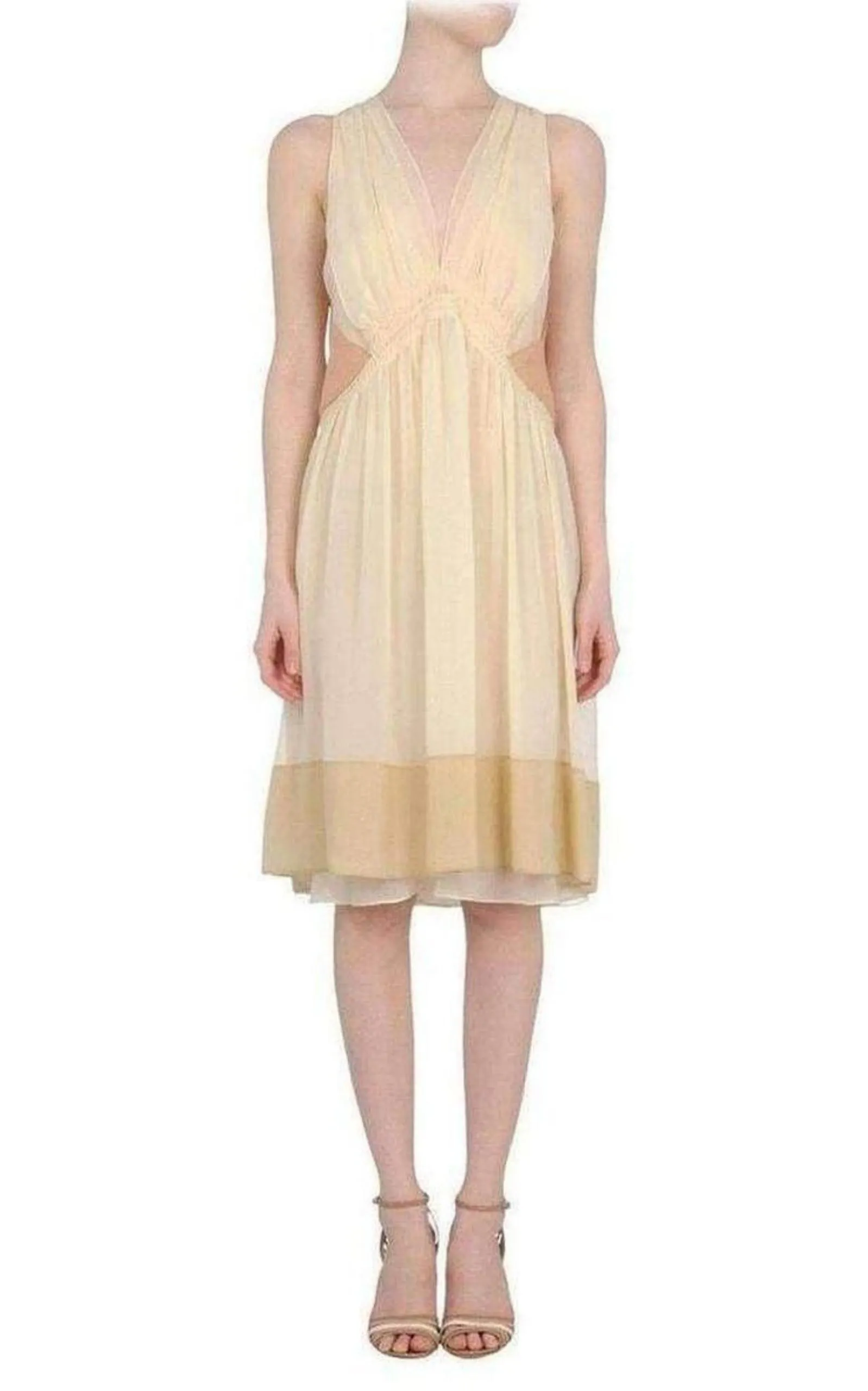 Beige Color Blocked Silk Dress