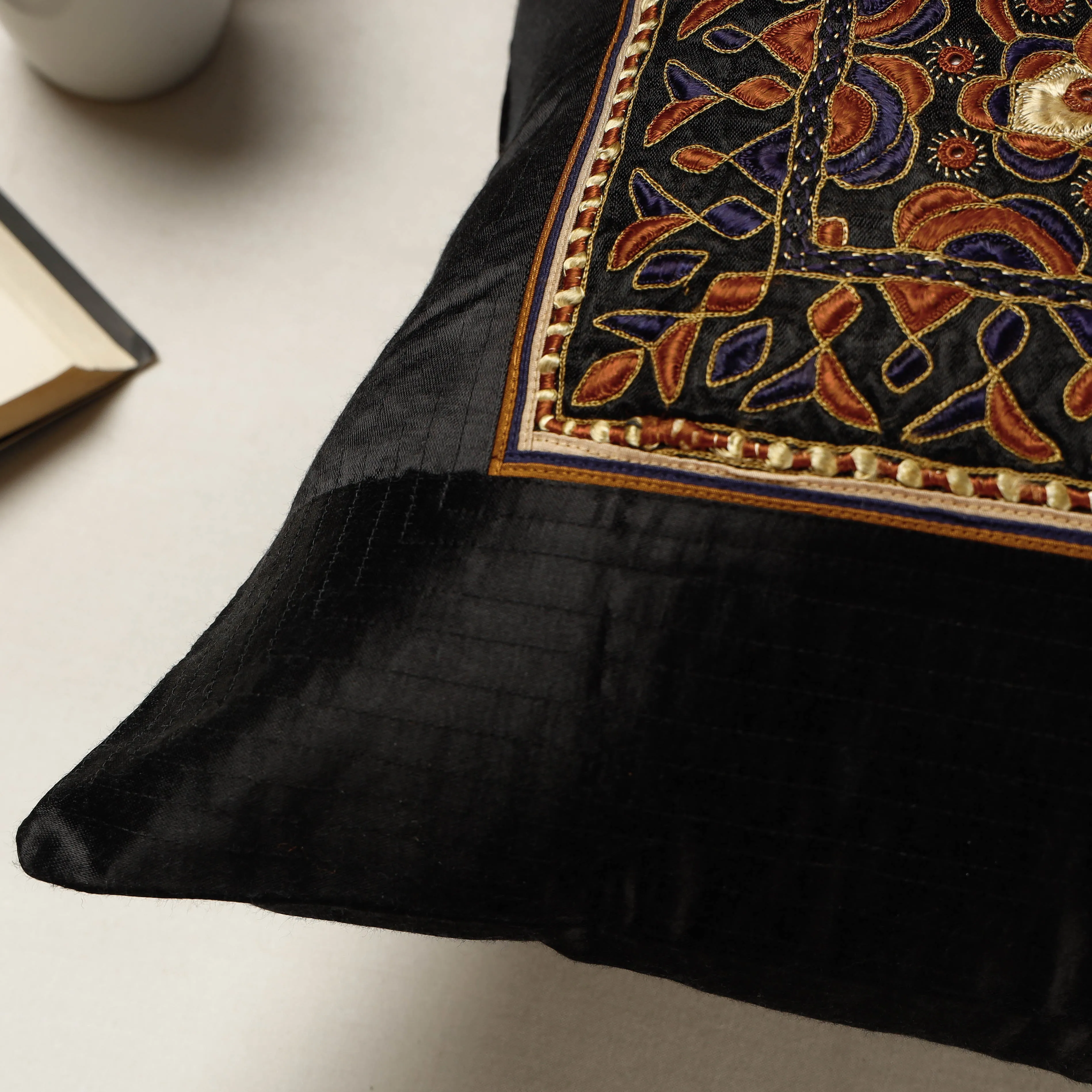 Black - Kutch Neran Hand Embroidered Mashru Silk Cushion Cover (16 x 16 in)