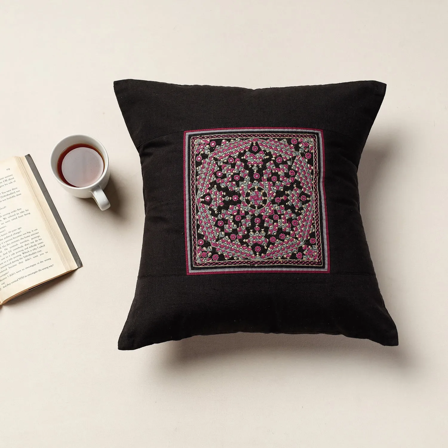 Black - Kutch Neran Hand Embroidery Cotton Cushion Cover (16 x 16 in)