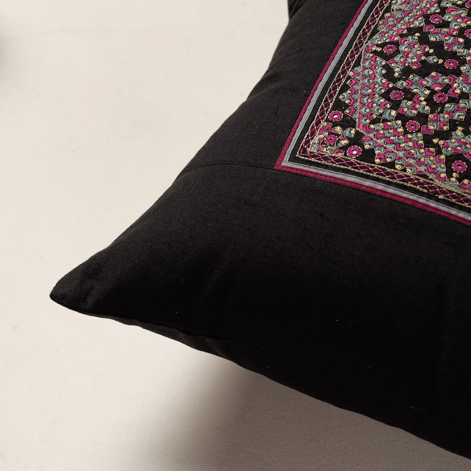 Black - Kutch Neran Hand Embroidery Cotton Cushion Cover (16 x 16 in)