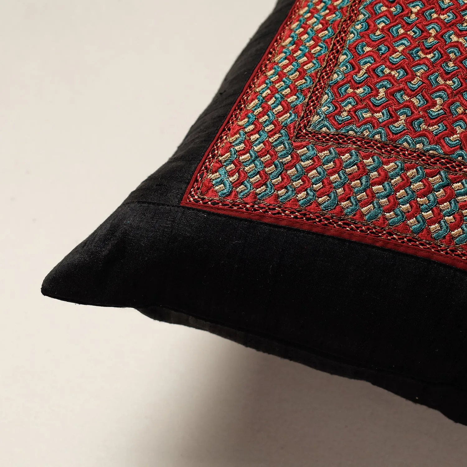 Black - Kutch Neran Hand Embroidery Raw Silk Cushion Cover (16 x 16 in)