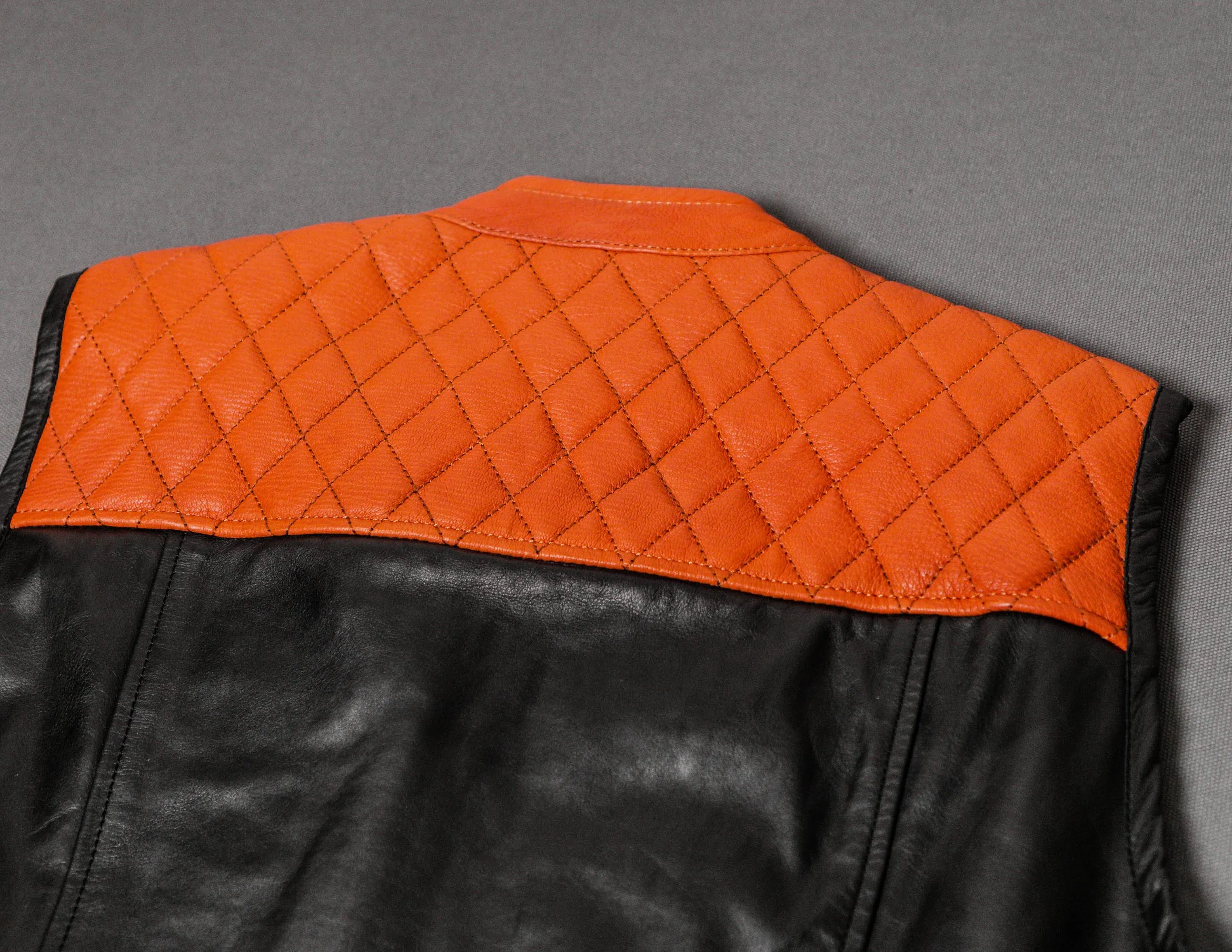 Black Orange Leather Motorcycle Vest with Diamond Stitched | HandCrafted