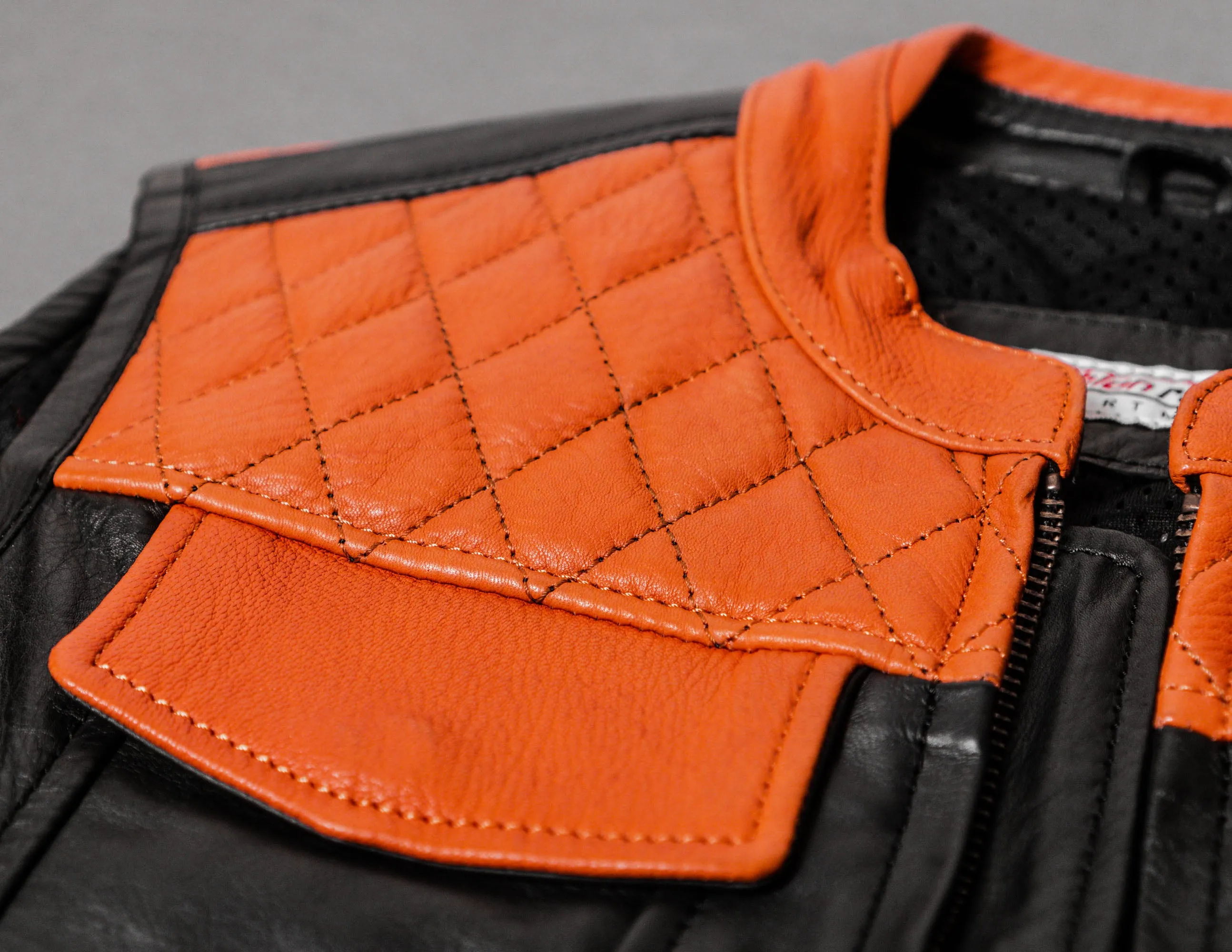 Black Orange Leather Motorcycle Vest with Diamond Stitched | HandCrafted