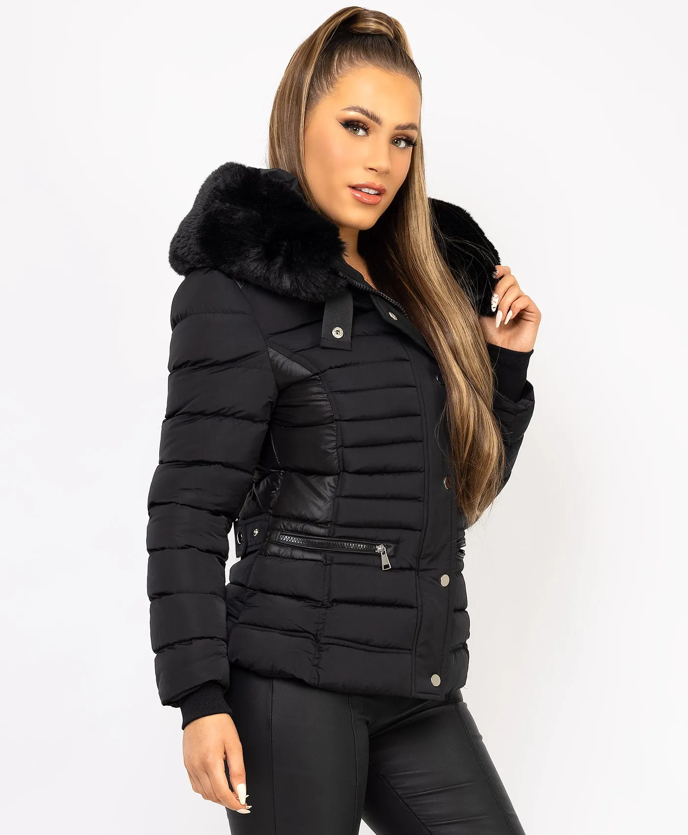 Black Padded Quilted Faux Fur Hood Puffer Jacket Coat