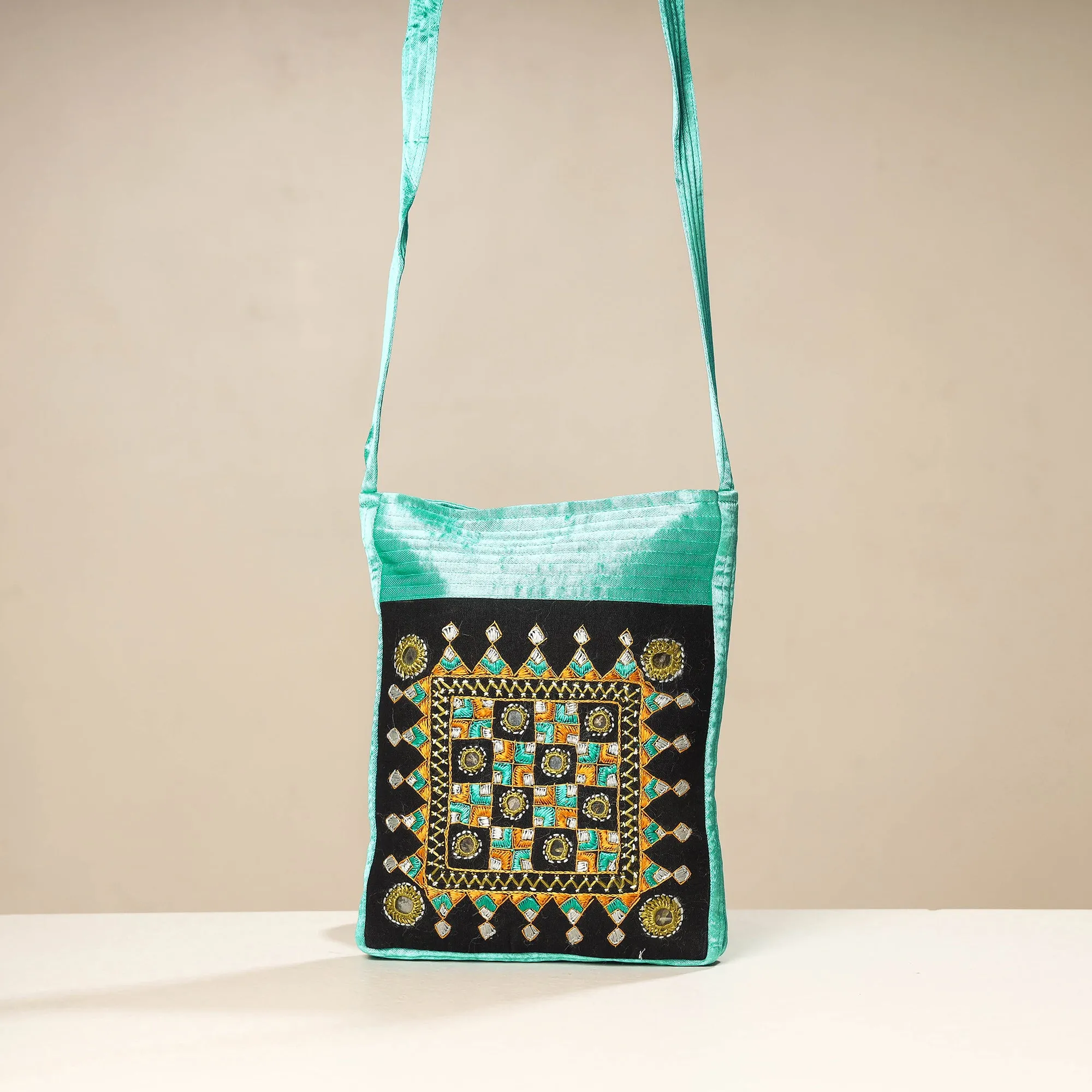 Blue - Kutch Neran Embroidery Mashru Silk Sling Bag