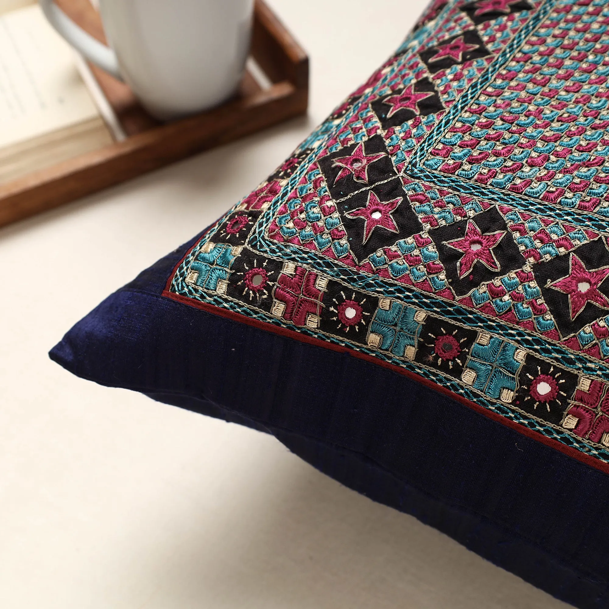 Blue - Kutch Neran Hand Embroidery Silk Cushion Cover (16 x 16 in)