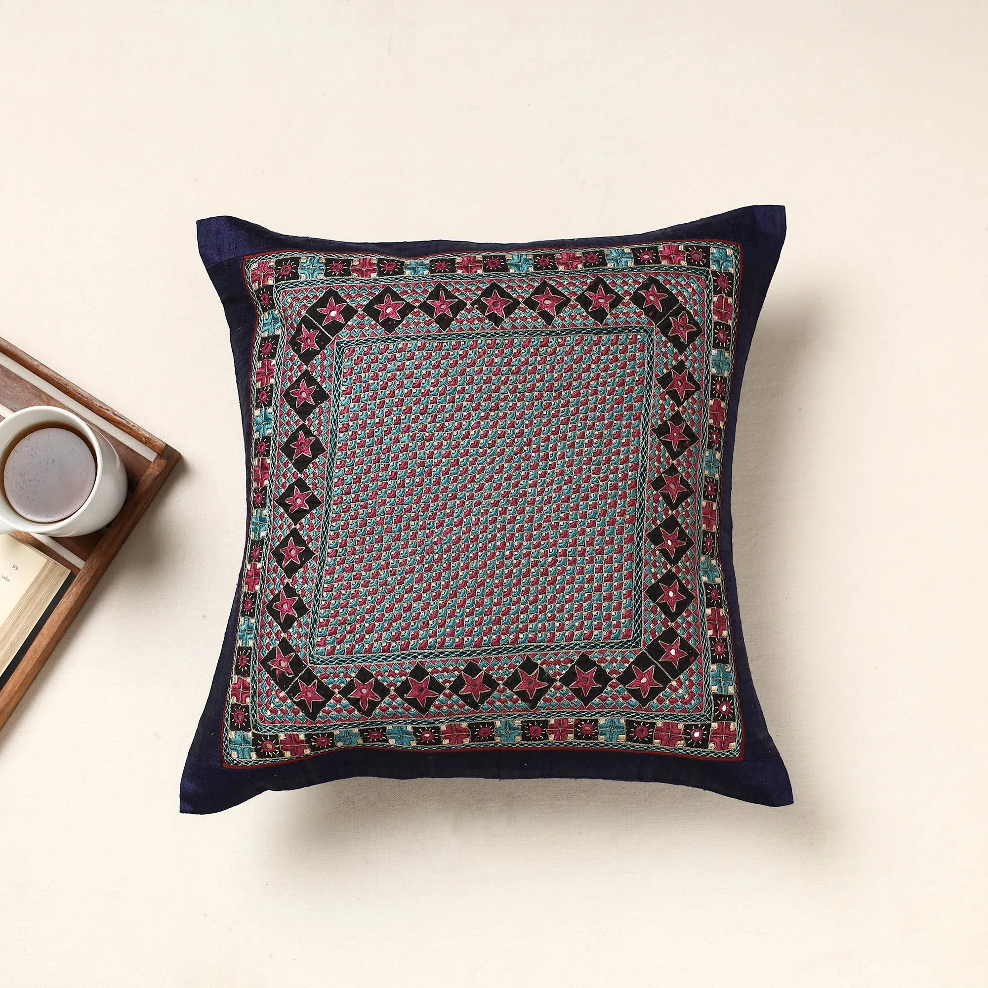 Blue - Kutch Neran Hand Embroidery Silk Cushion Cover (16 x 16 in)