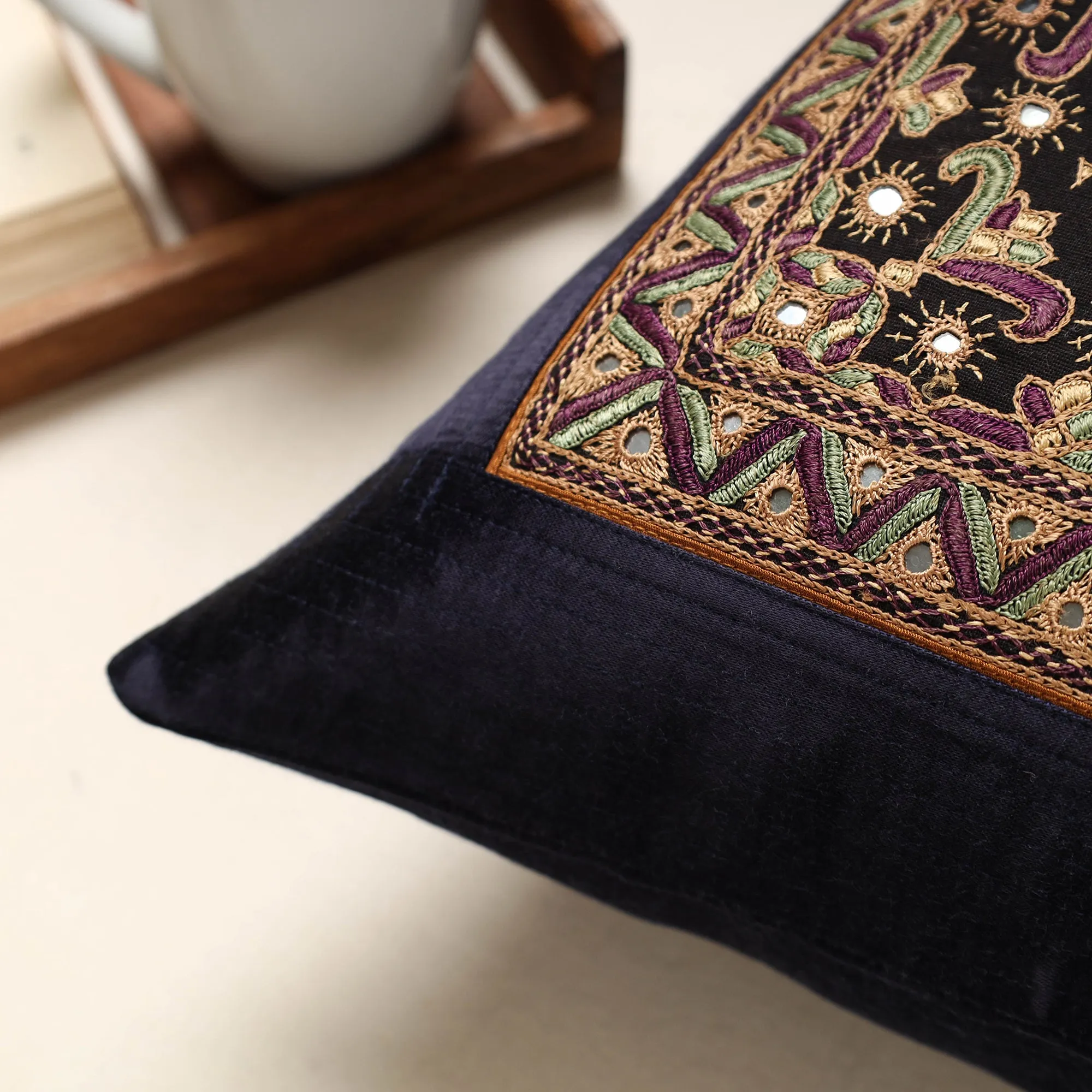 Blue - Kutch Pakko Hand Embroidery Mashru Silk Cushion Cover (16 x 16 in)