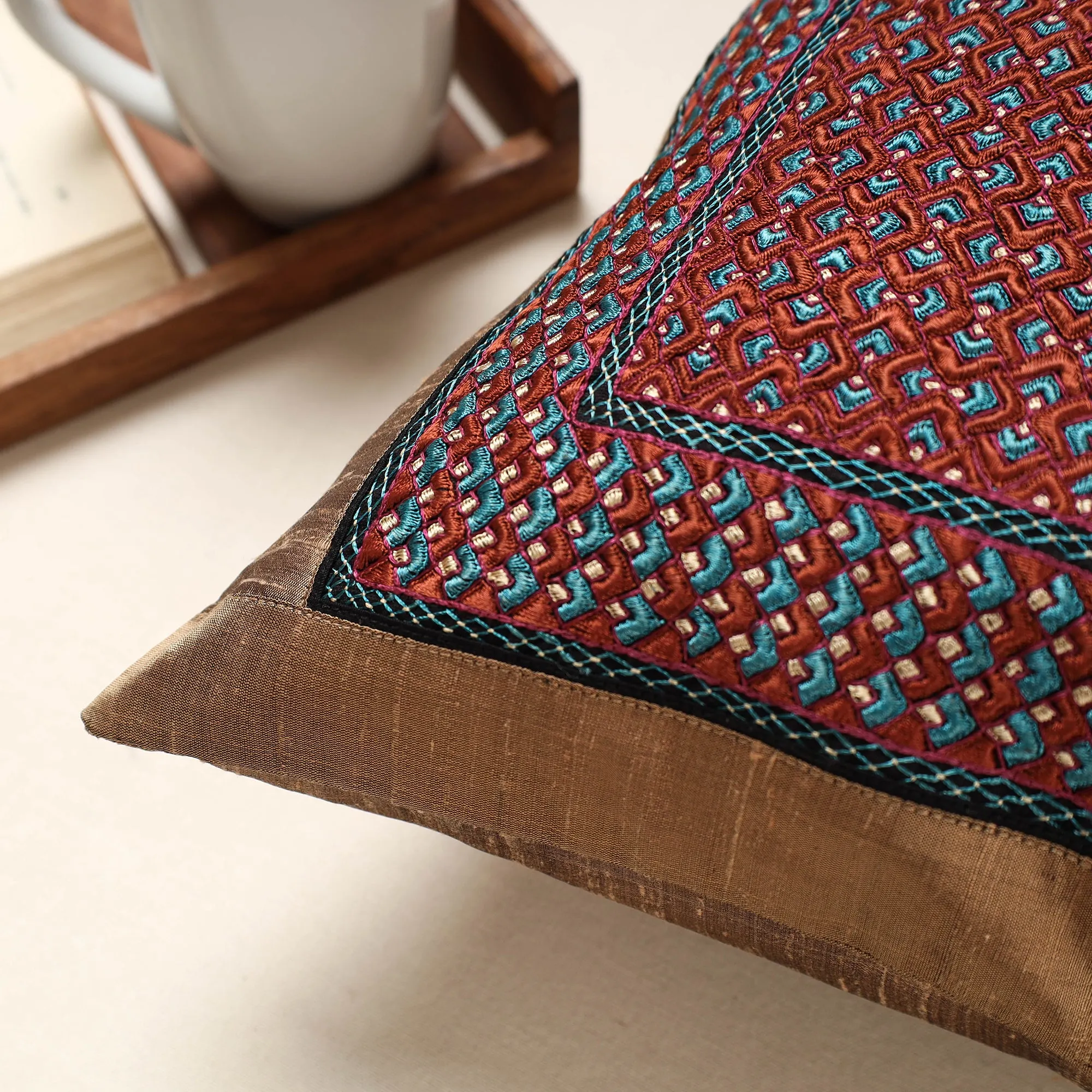 Brown - Kutch Neran Hand Embroidery Silk Cushion Cover (16 x 16 in)