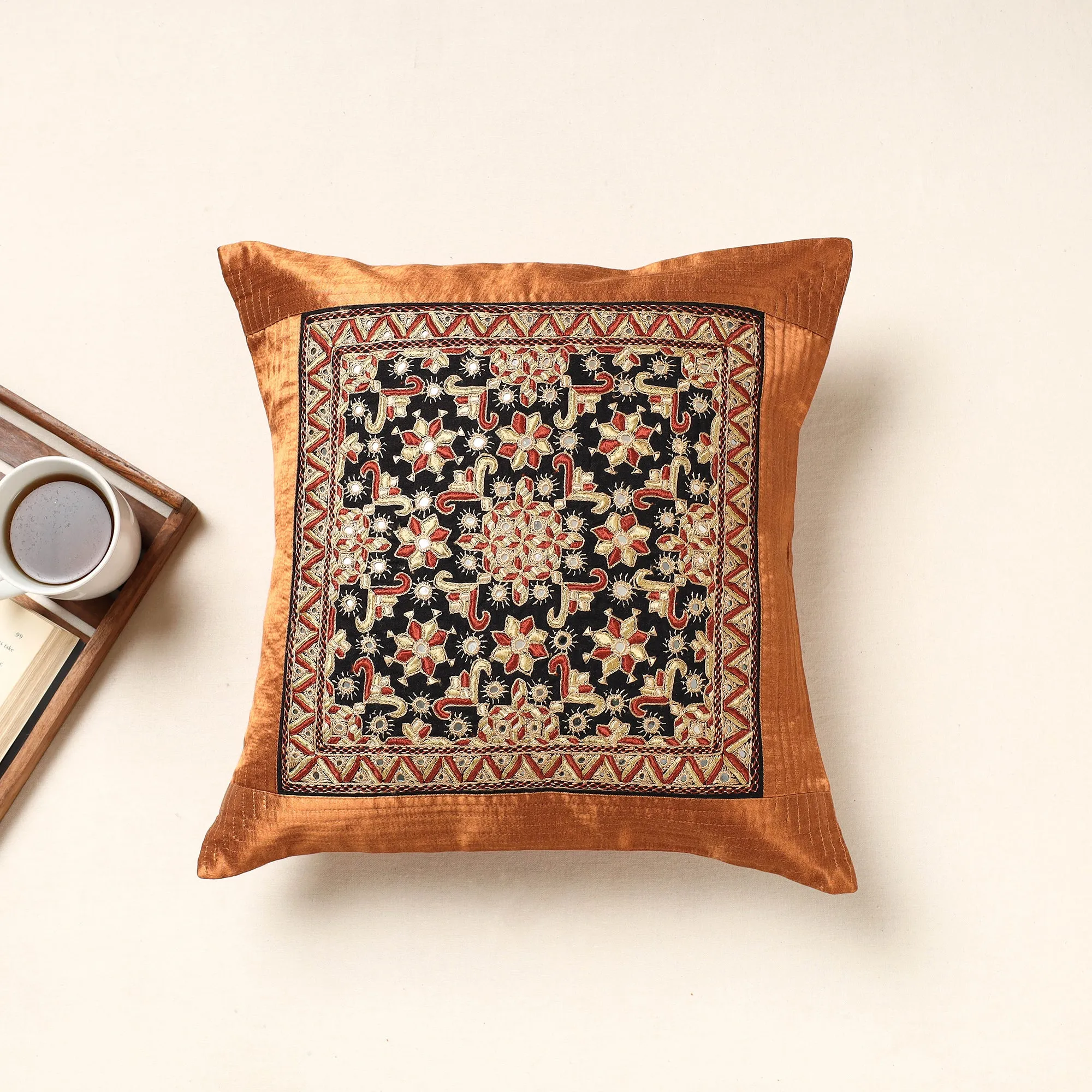 Brown - Kutch Pakko Hand Embroidery Mashru Silk Cushion Cover (16 x 16 in)