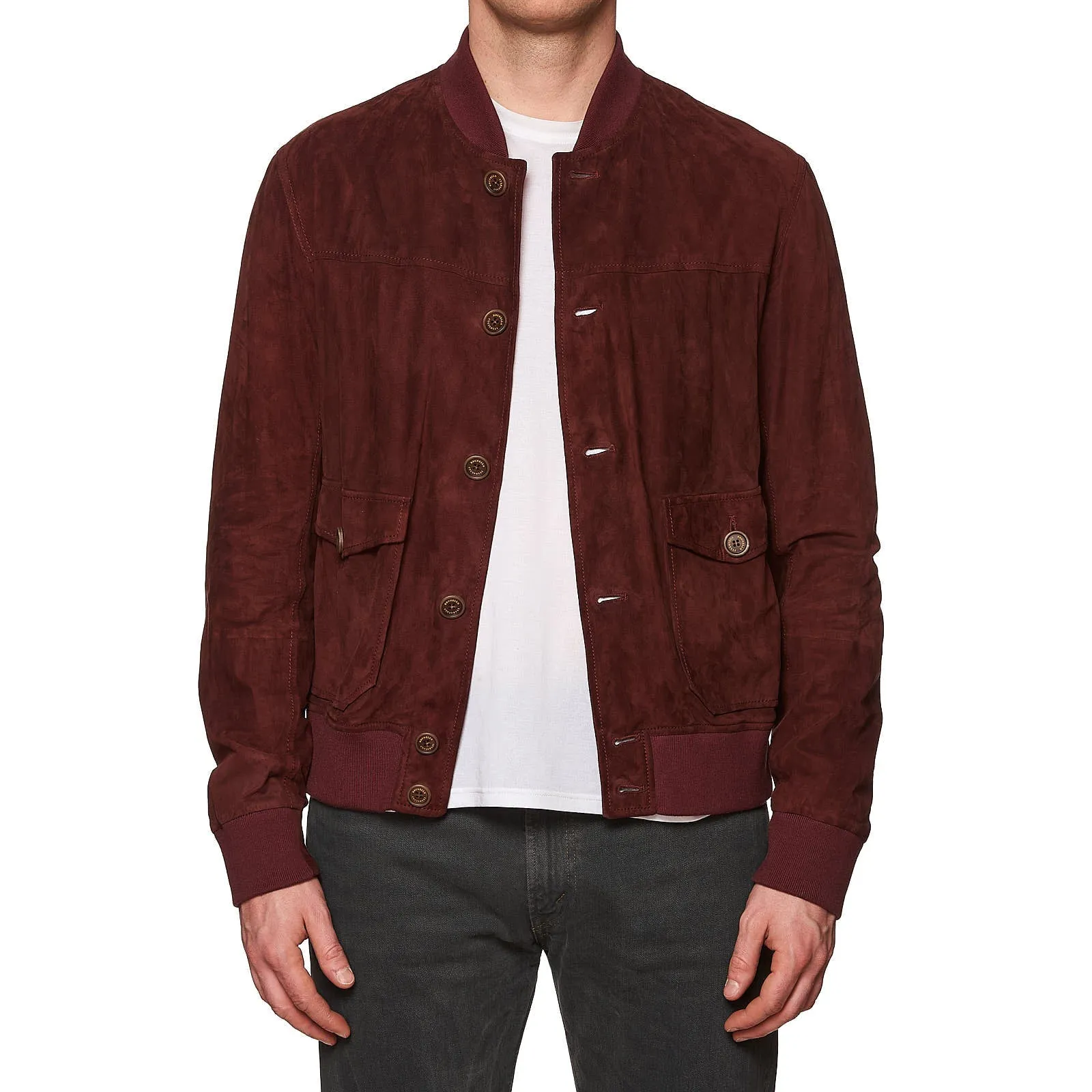 BRUNELLO CUCINELLI Burgundy Suede Leather Unlined Flight Bomber Jacket Size L