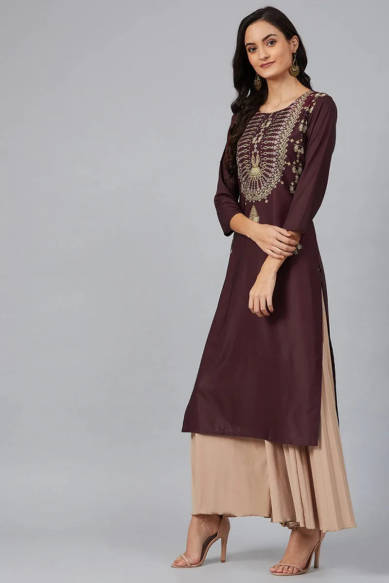 Burgundy Poly Crepe Screen Print Straight Kurta