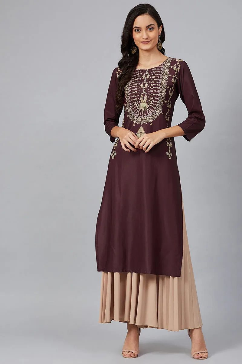 Burgundy Poly Crepe Screen Print Straight Kurta