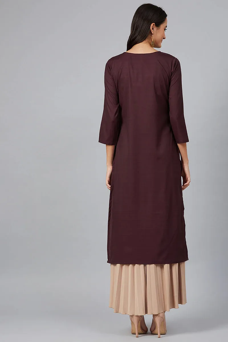 Burgundy Poly Crepe Screen Print Straight Kurta