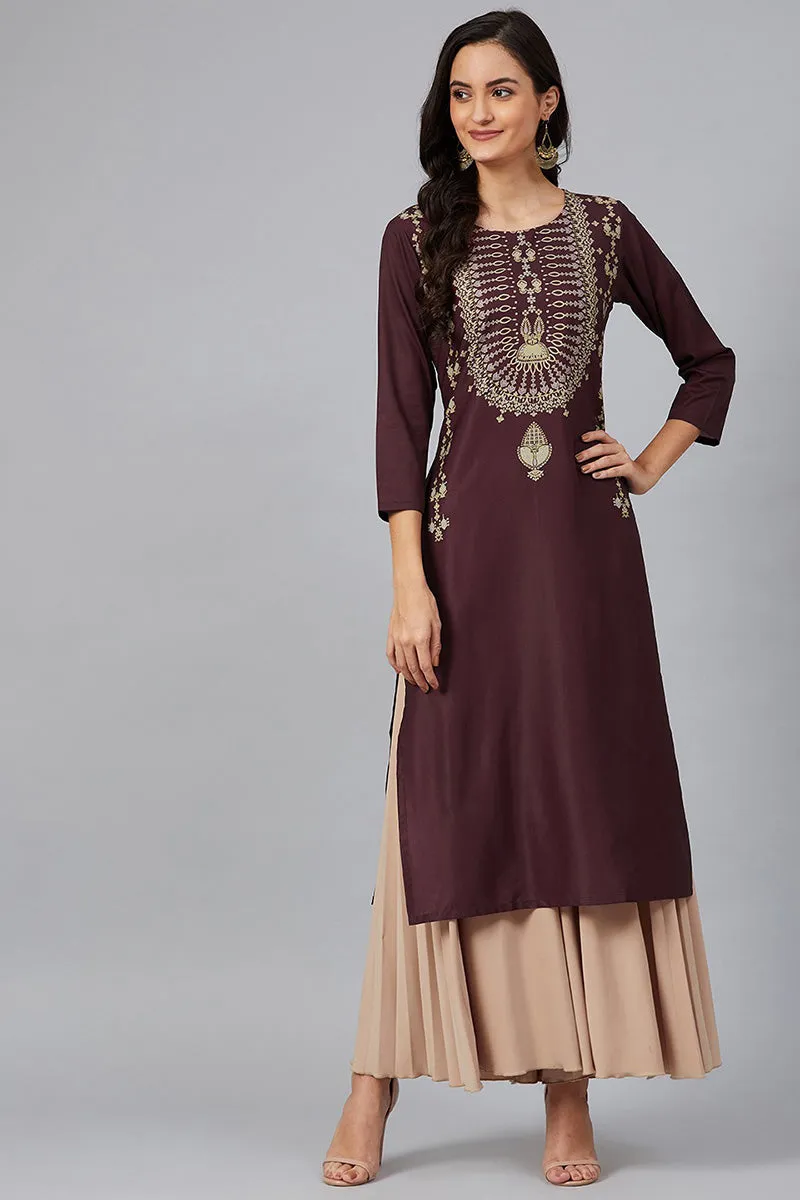 Burgundy Poly Crepe Screen Print Straight Kurta