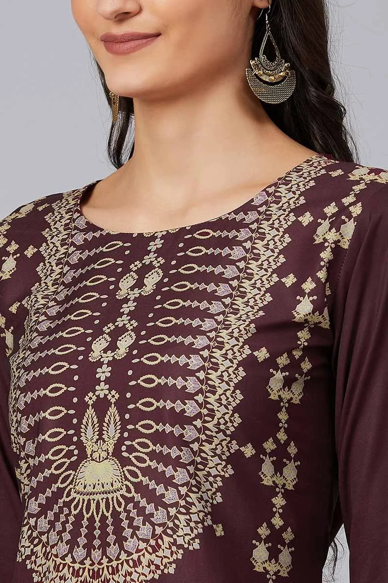 Burgundy Poly Crepe Screen Print Straight Kurta