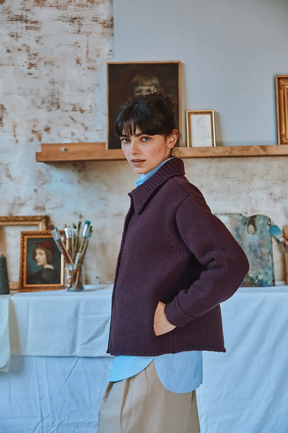 CALAMITY Knit Jacket in Merino Wool - Plum