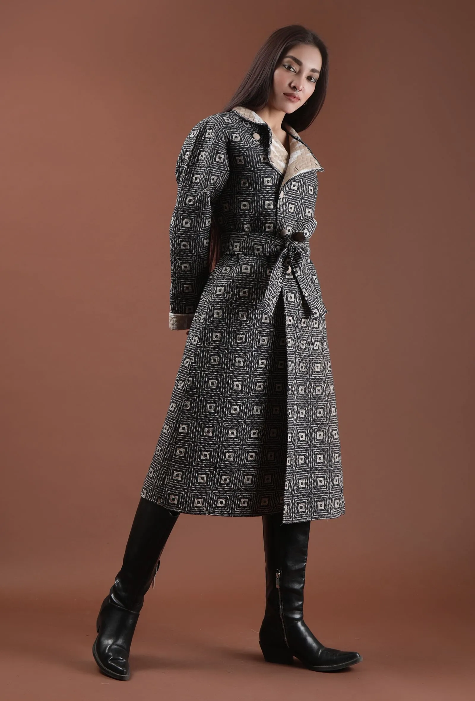 Cedar Ecru Ikat & Black Ajrakh Printed Reversible Quilted Wrap Coat