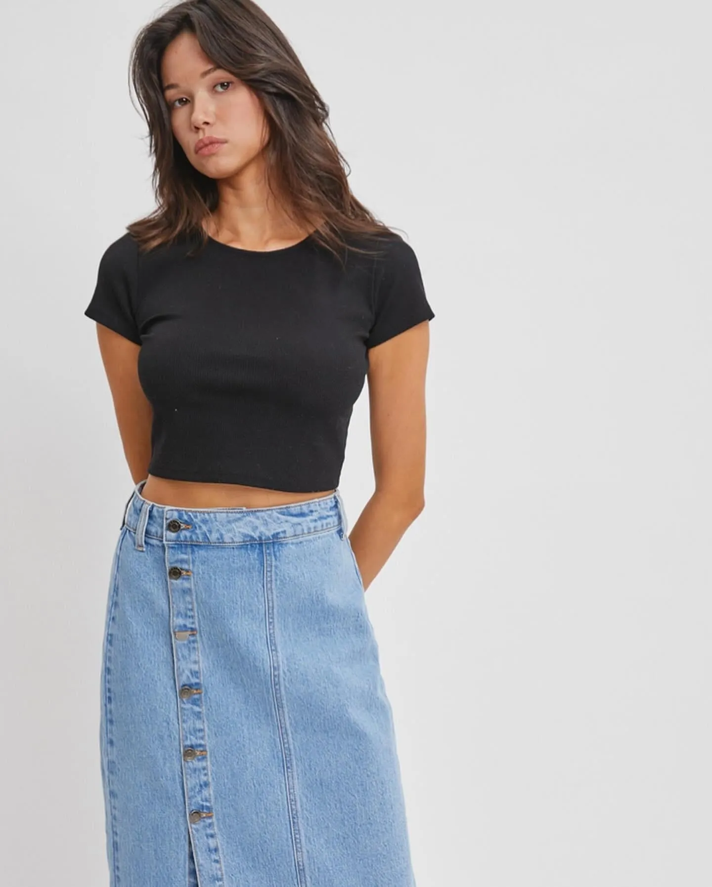 Cello Button Slit Denim Skirt Dark Wash