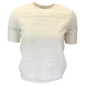 Christian Dior Ivory Crochet Detail Short Sleeved Wool Knit Pullover Sweater