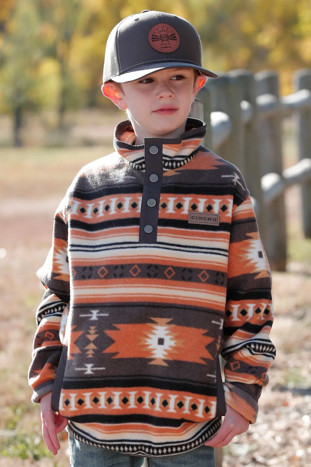 Cinch Boys Orange/Grey Southwest Print Polar Fleece Pullover