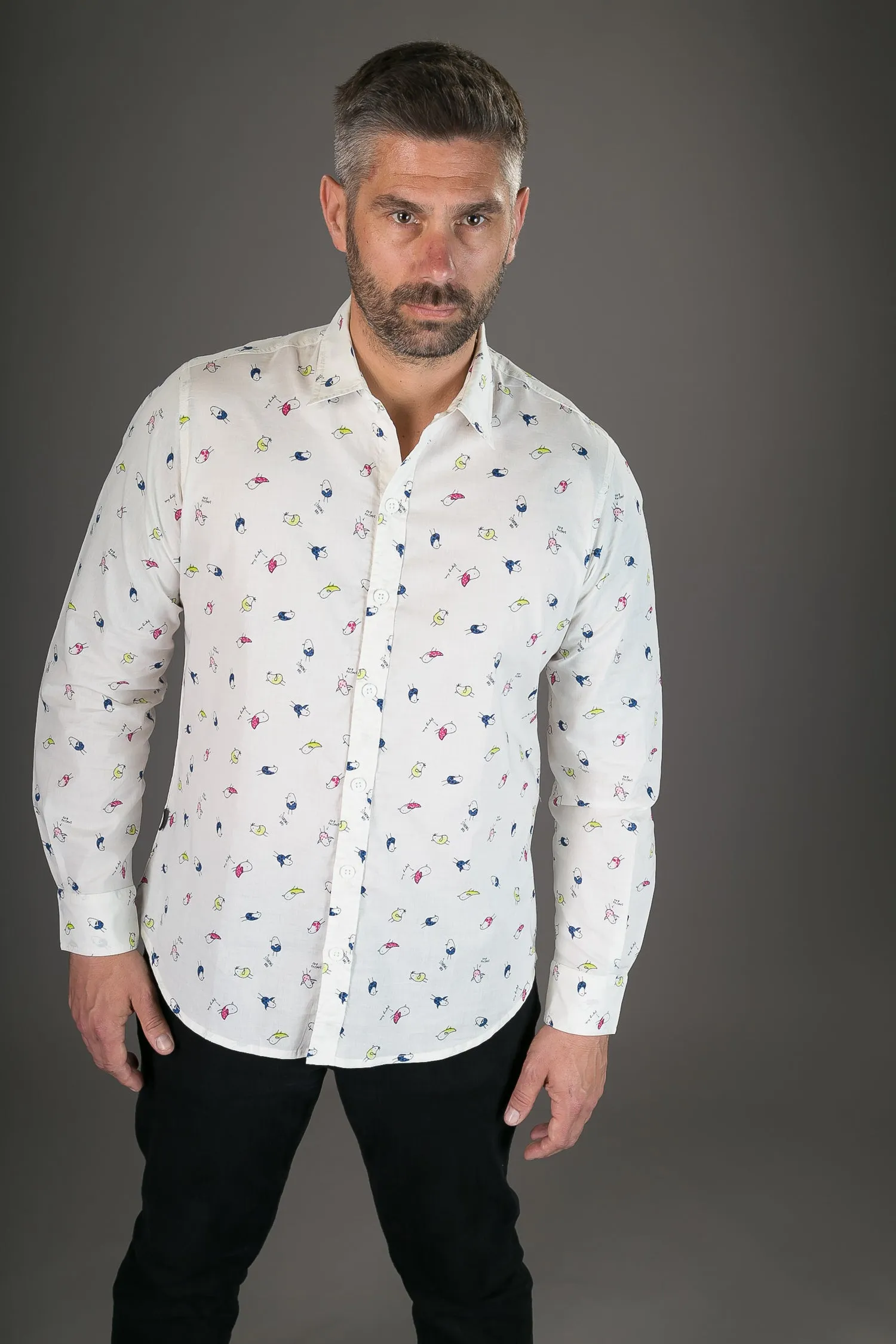 Cotton Bird Print White Slim-Fit Mens Long Sleeve Shirt