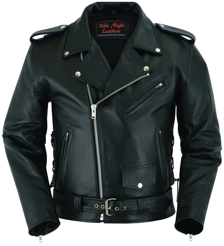 DS711 Economy Motorcycle Classic Biker Leather Jacket - Side Laces