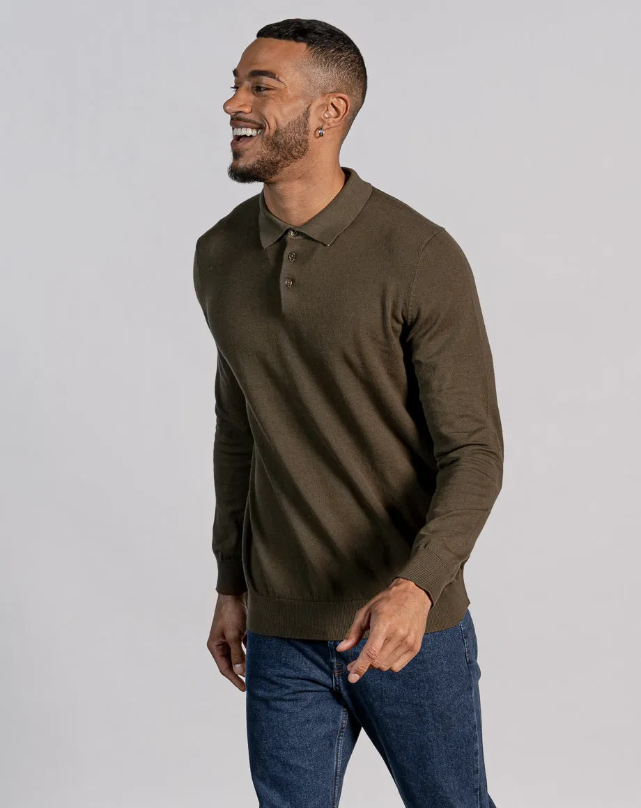 ESSENTIAL LONG SLEEVE KNITTED POLO TOP - DARK KHAKI