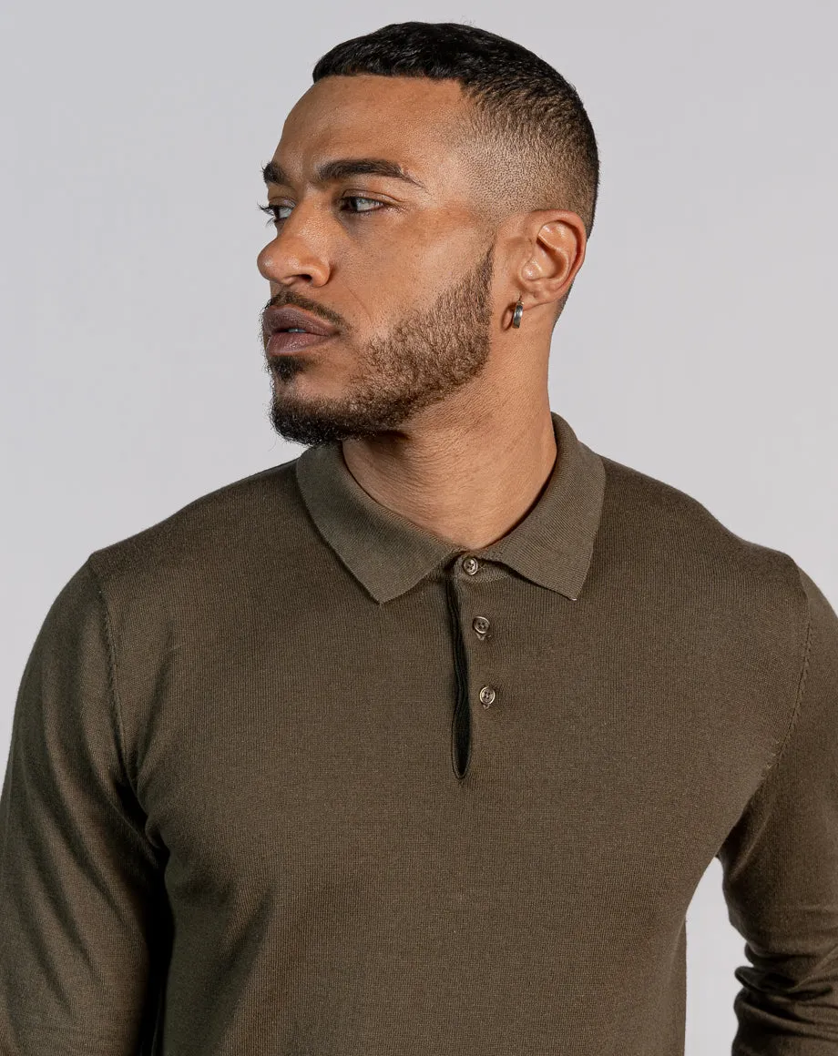 ESSENTIAL LONG SLEEVE KNITTED POLO TOP - DARK KHAKI