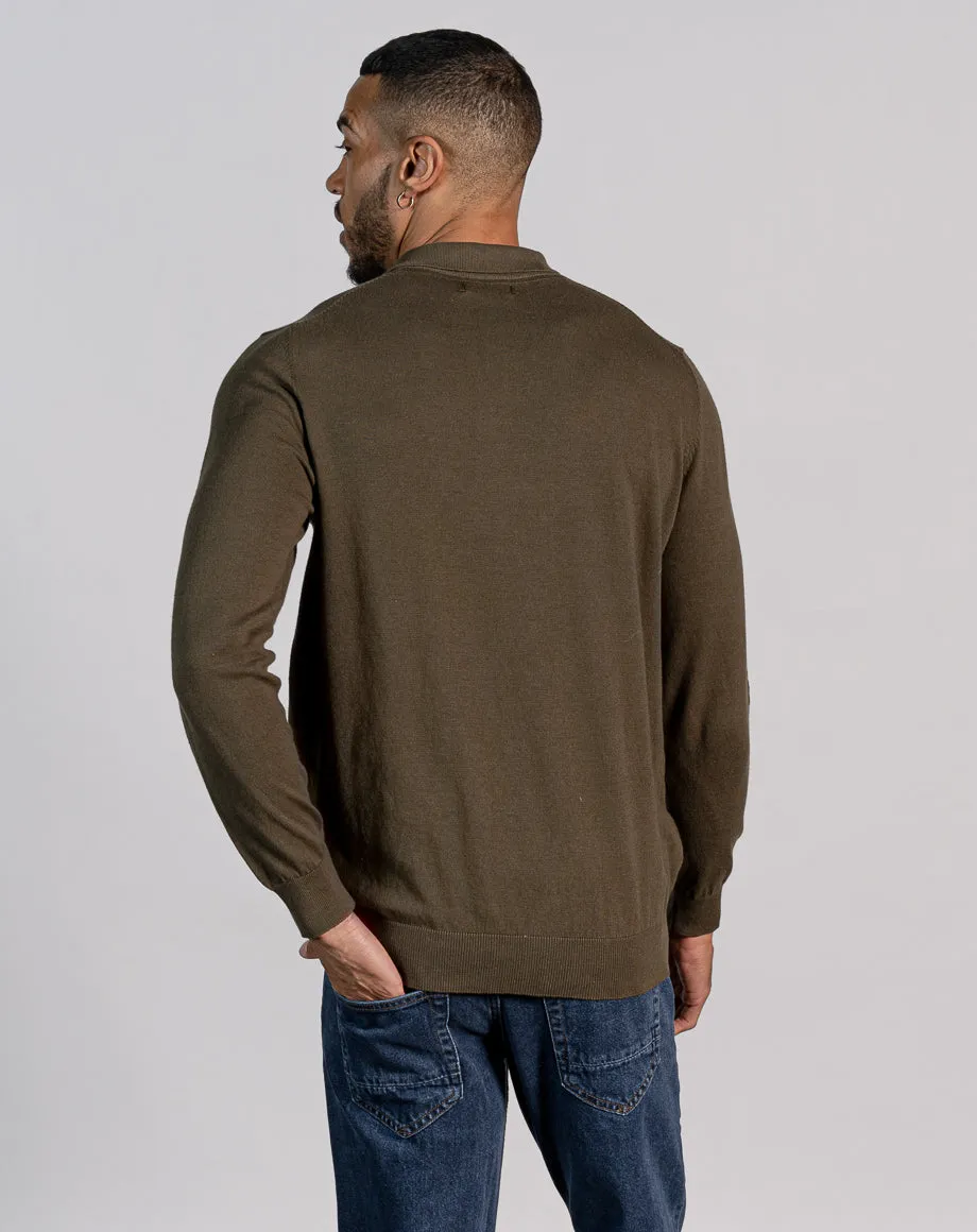 ESSENTIAL LONG SLEEVE KNITTED POLO TOP - DARK KHAKI