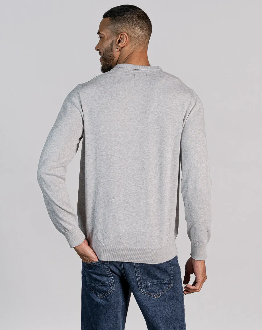 ESSENTIAL LONG SLEEVE ZIPPED NECK POLO - LIGHT GREY